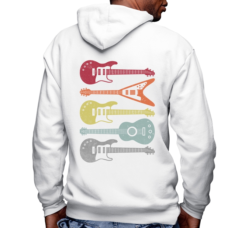 Blusa Moletom Tipos de Guitarra Masculina com Capuz e Zíper - Branca