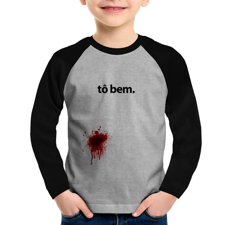 Camiseta Raglan Infantil tô bem Manga Longa - Cinza/Preto