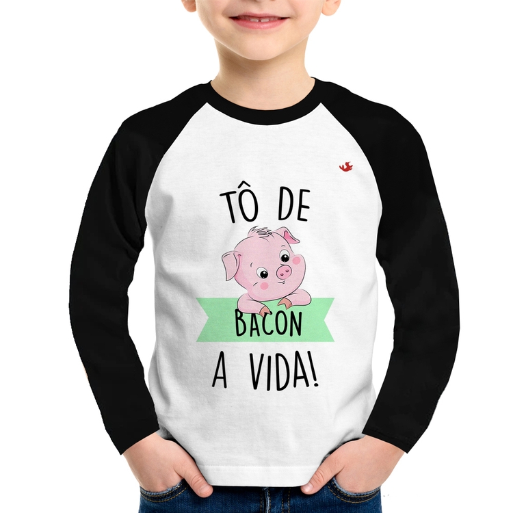 Camiseta Raglan Infantil Tô de bacon a vida! Manga Longa