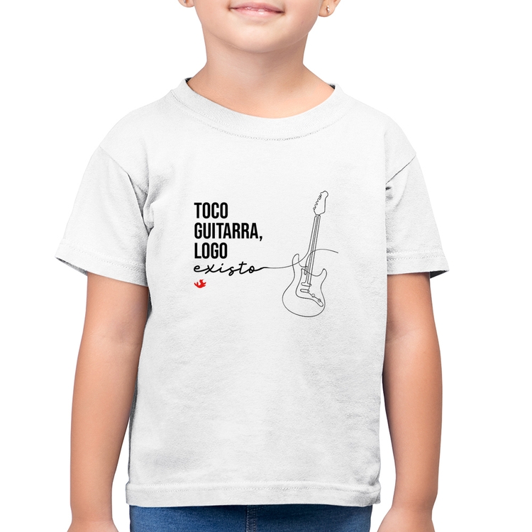 Camiseta Algodão Infantil Toco guitarra, logo existo - Branca