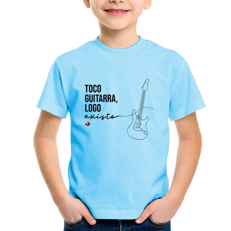 Camiseta Infantil Toco guitarra, logo existo - Azul Bebê
