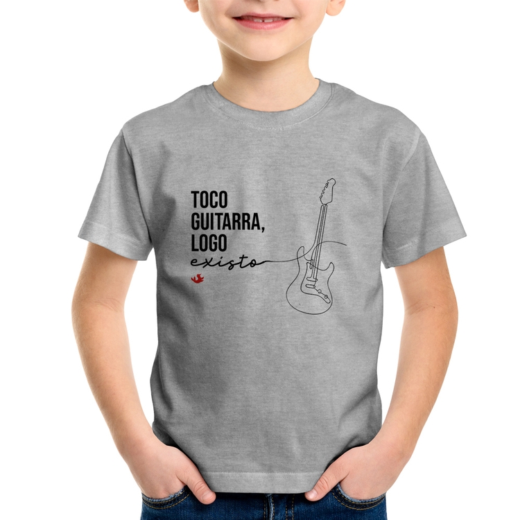 Camiseta Infantil Toco guitarra, logo existo - Cinza