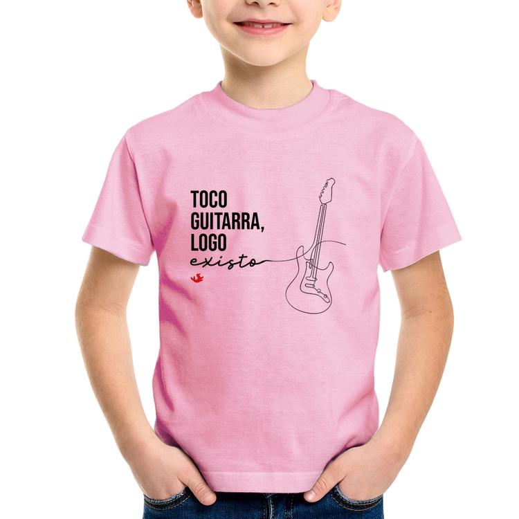 Camiseta Infantil Toco guitarra, logo existo - Rosa Bebê