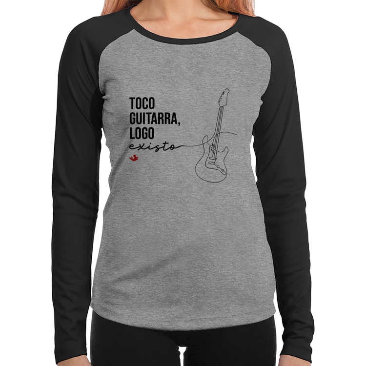 Baby Look Raglan Toco guitarra, logo existo Manga Longa - Cinza/Preto