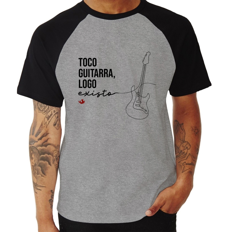 Camiseta Raglan Toco guitarra, logo existo - Cinza/Preto