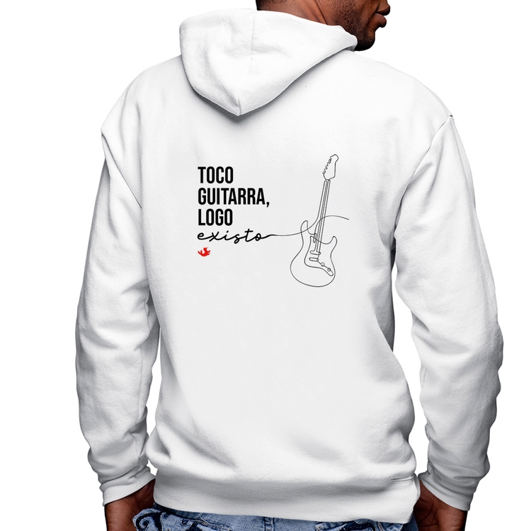 Blusa Moletom Toco guitarra, logo existo Masculina com Capuz e Zíper - Branca