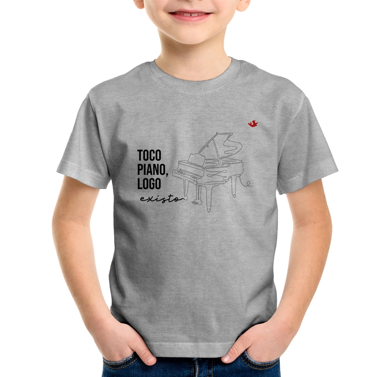Camiseta Infantil Toco piano, logo existo - Cinza
