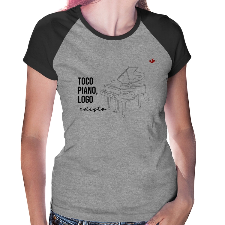 Baby Look Raglan Toco piano, logo existo - Cinza/Preto