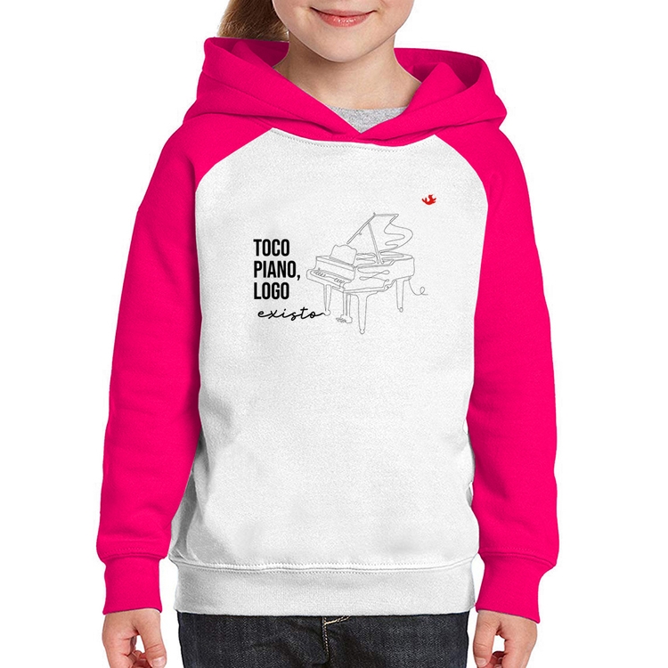 Moletom Infantil Toco piano, logo existo - Branco/Rosa