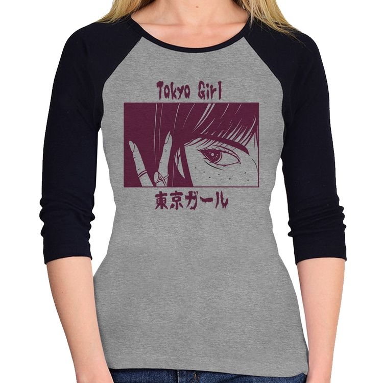Baby Look Raglan Tokio Girl Manga 3/4 - Cinza/Preto