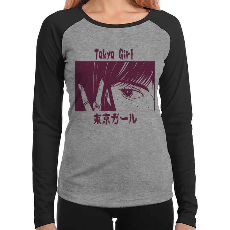 Baby Look Raglan Tokio Girl Manga Longa - Cinza/Preto