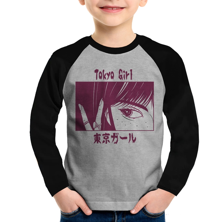 Camiseta Raglan Infantil Tokio Girl Manga Longa - Cinza/Preto