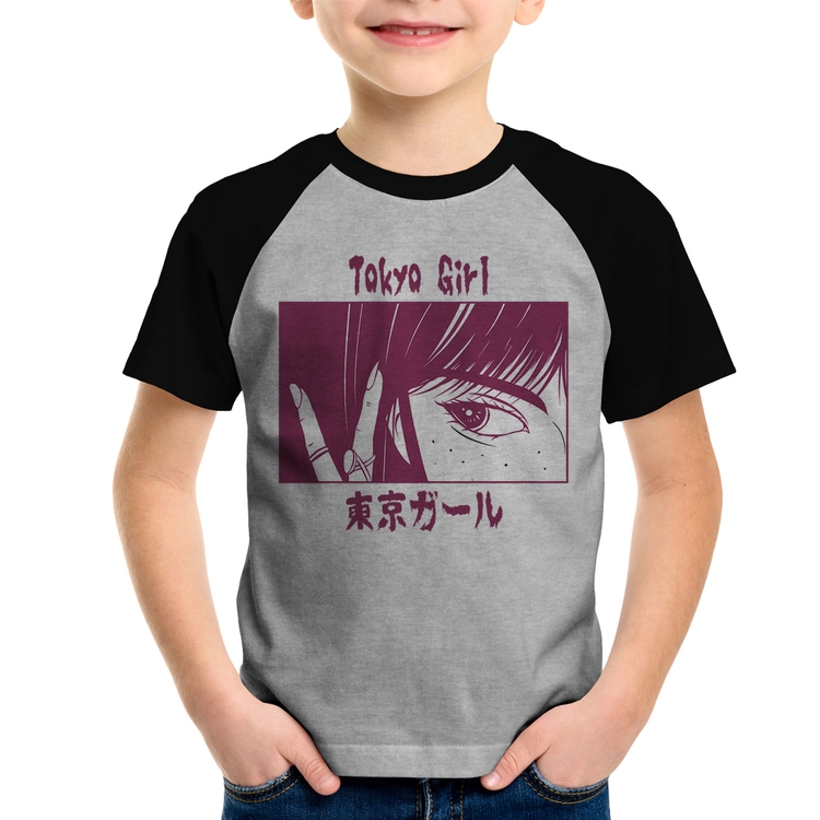 Camiseta Raglan Infantil Tokio Girl - Cinza/Preto
