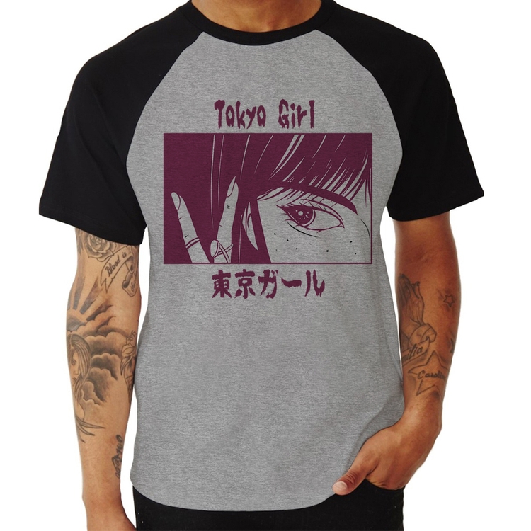 Camiseta Raglan Tokio Girl - Cinza/Preto