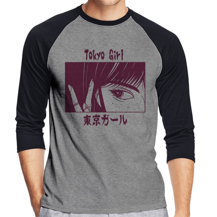 Camiseta Raglan Tokio Girl Manga 3/4 - Cinza/Preto