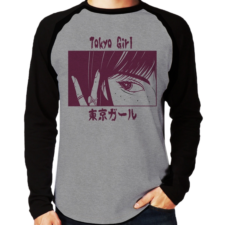 Camiseta Raglan Tokio Girl Manga Longa - Cinza/Preto
