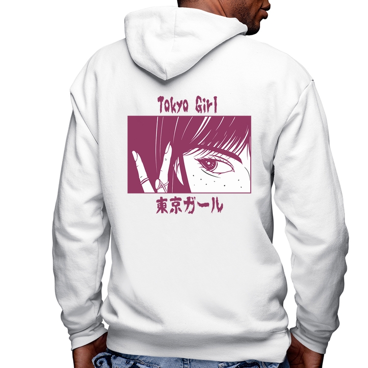 Blusa Moletom Tokio Girl Masculina com Capuz e Zíper - Branca