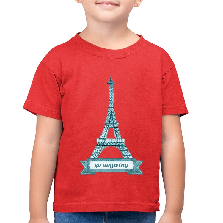 Camiseta Algodão Infantil Torre Eiffel Amazing - Vermelha