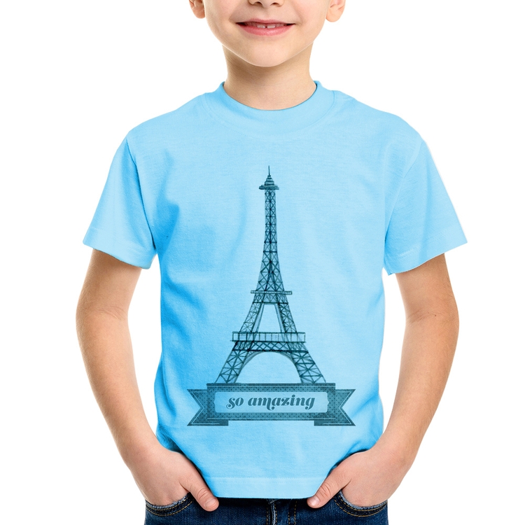 Camiseta Infantil Torre Eiffel Amazing - Azul Bebê