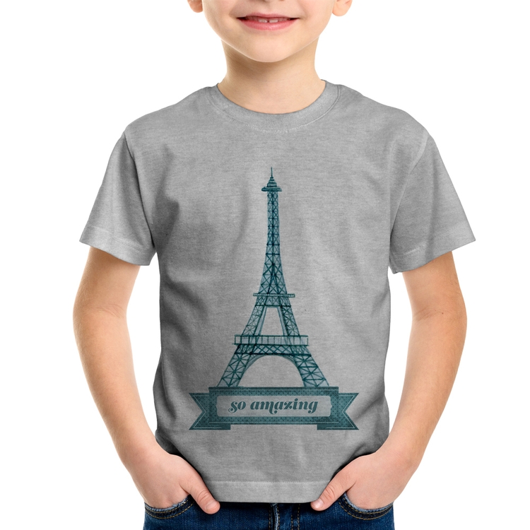 Camiseta Infantil Torre Eiffel Amazing - Cinza
