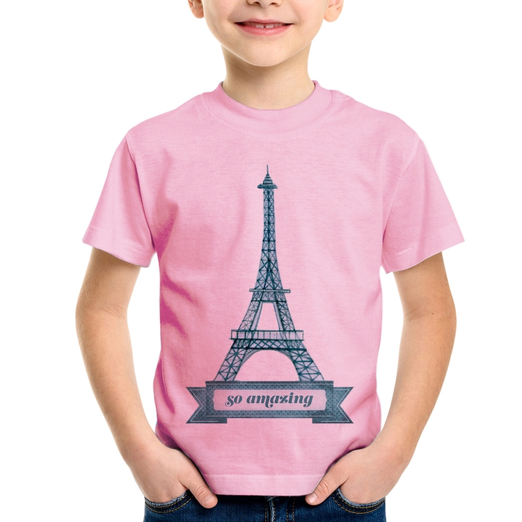 Camiseta Infantil Torre Eiffel Amazing - Rosa Bebê
