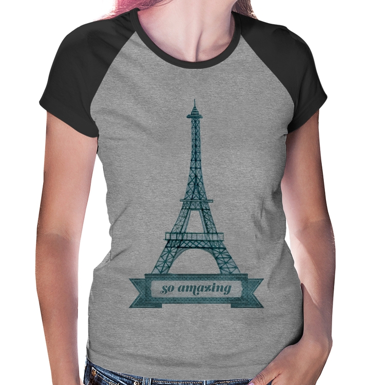 Baby Look Raglan Torre Eiffel Amazing - Cinza/Preto