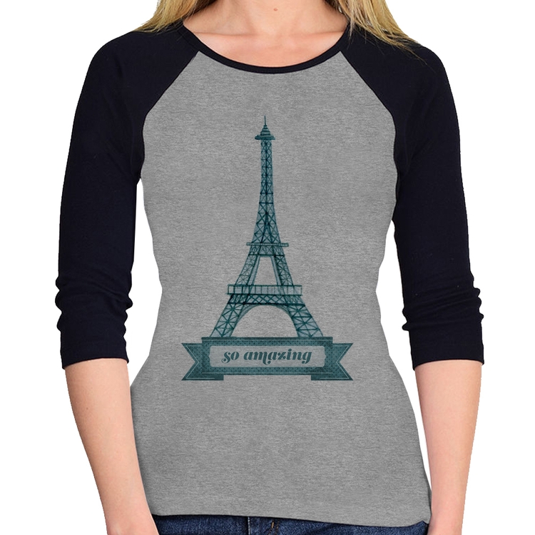 Baby Look Raglan Torre Eiffel Amazing Manga 3/4 - Cinza/Preto