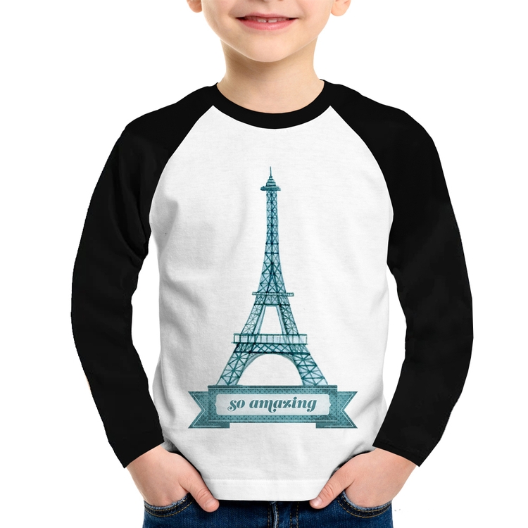 Camiseta Raglan Infantil Torre Eiffel Amazing Manga Longa