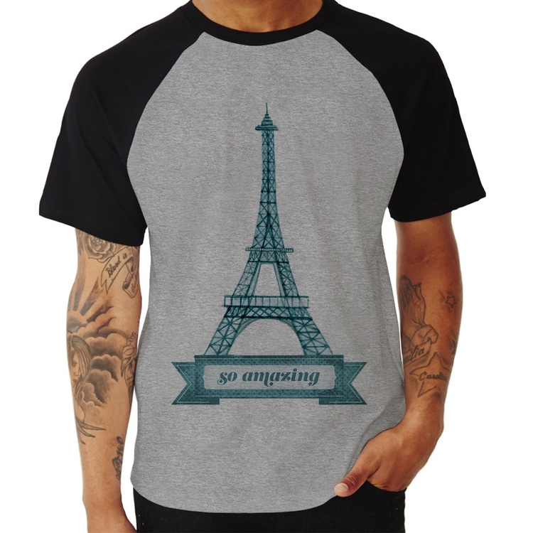 Camiseta Raglan Torre Eiffel Amazing - Cinza/Preto