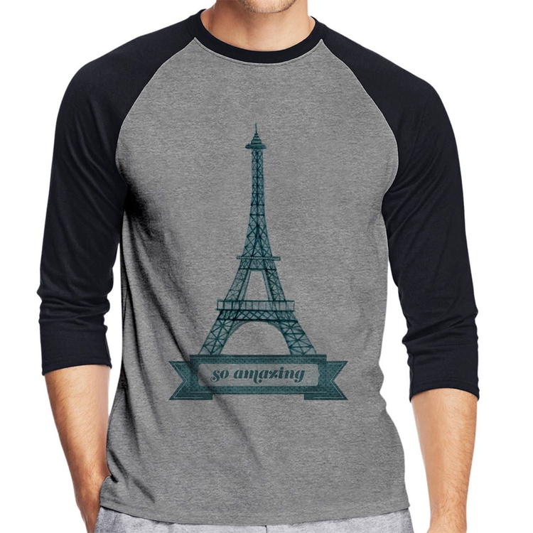 Camiseta Raglan Torre Eiffel Amazing Manga 3/4 - Cinza/Preto
