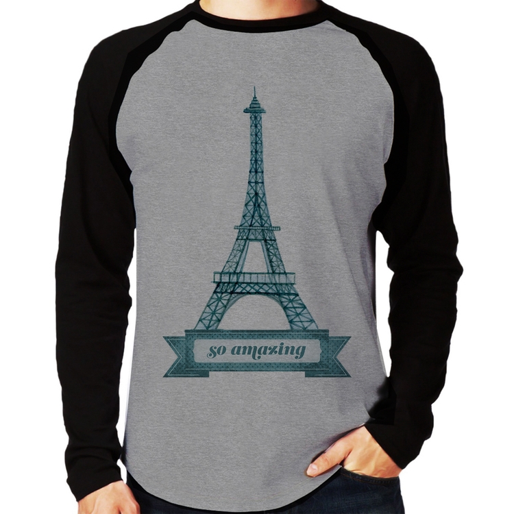 Camiseta Raglan Torre Eiffel Amazing Manga Longa - Cinza/Preto