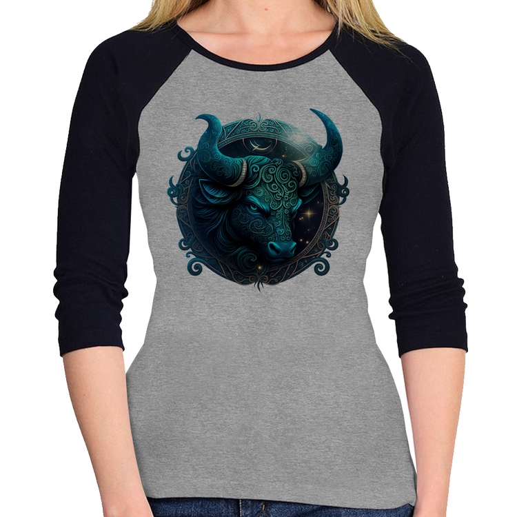 Baby Look Raglan Touro Sígno Manga 3/4 - Cinza/Preto