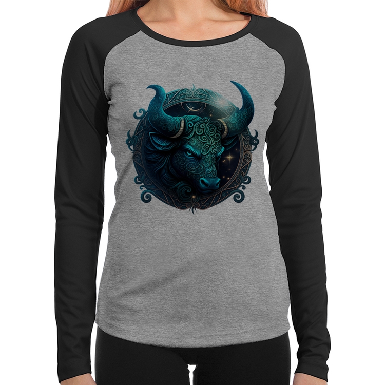 Baby Look Raglan Touro Sígno Manga Longa - Cinza/Preto