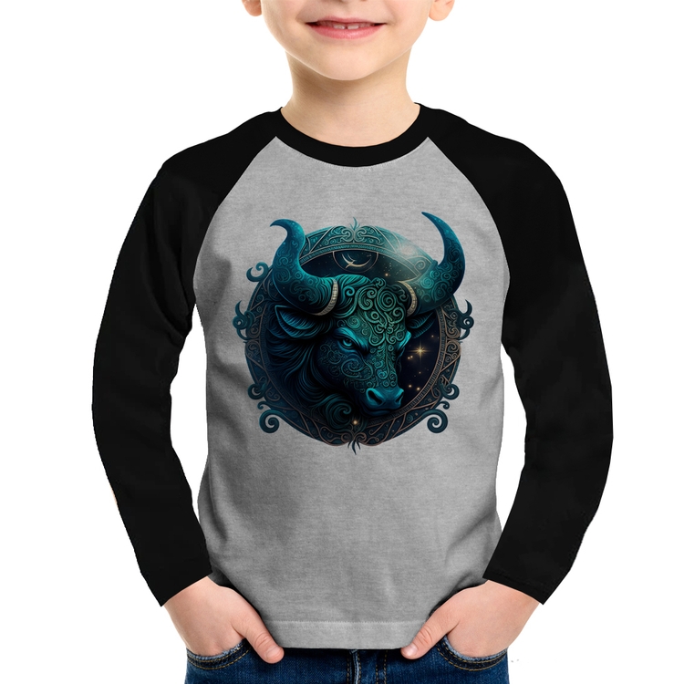 Camiseta Raglan Infantil Touro Sígno Manga Longa - Cinza/Preto
