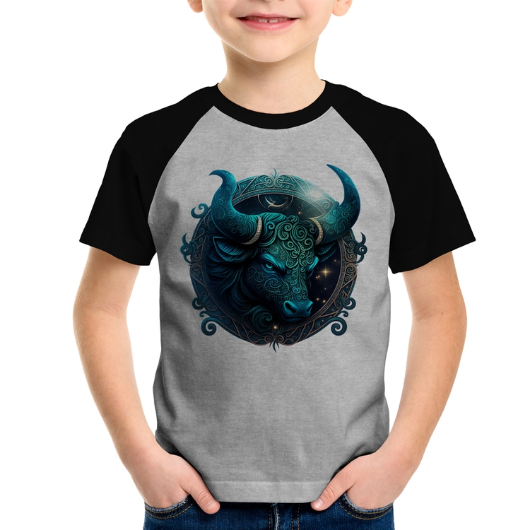 Camiseta Raglan Infantil Touro Sígno - Cinza/Preto