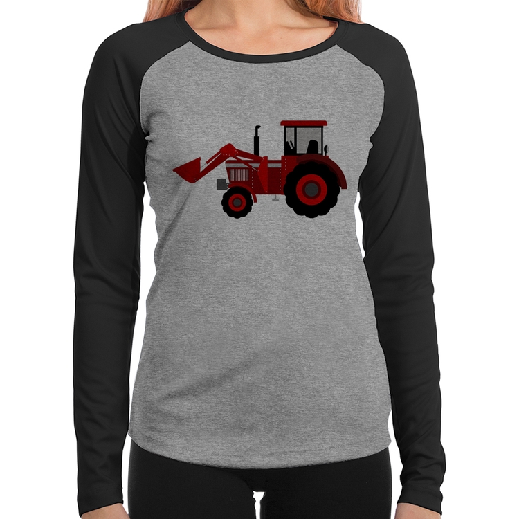 Baby Look Raglan Trator Manga Longa - Cinza/Preto