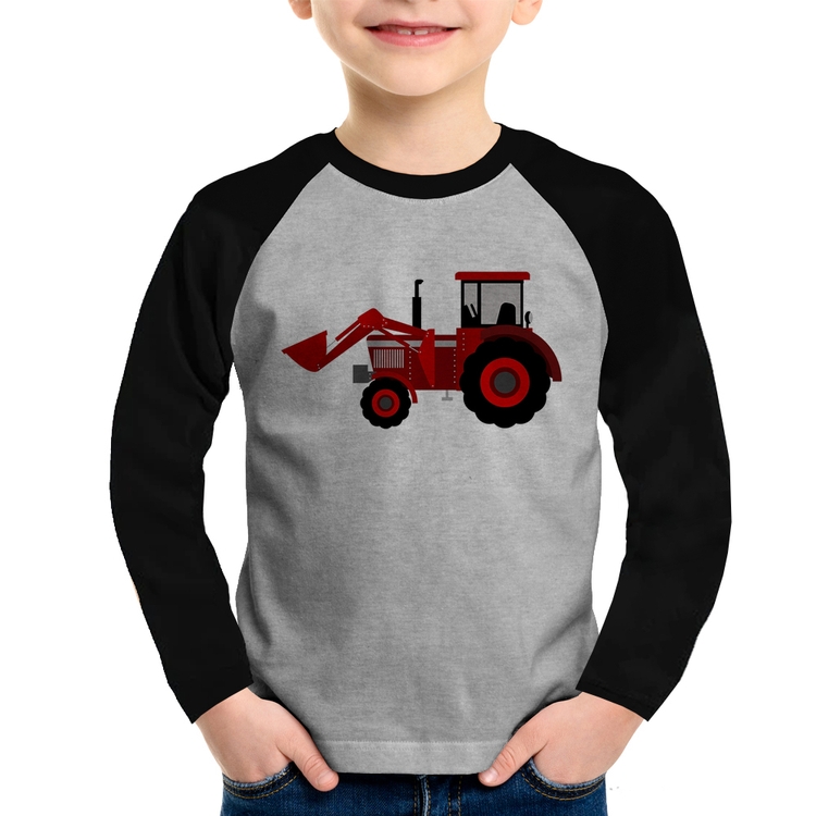 Camiseta Raglan Infantil Trator Manga Longa - Cinza/Preto