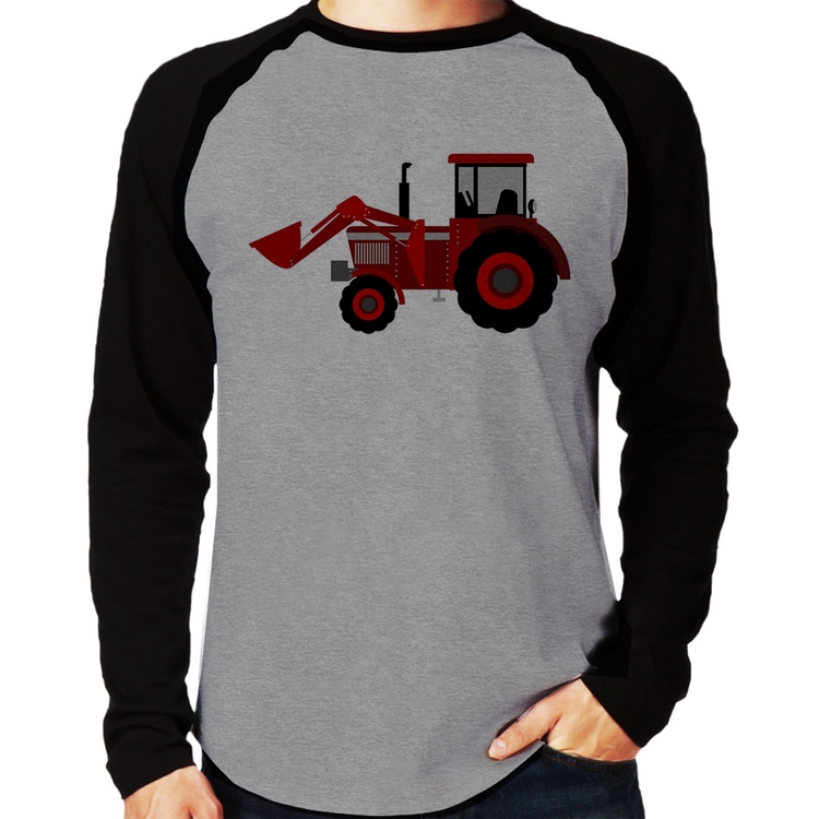 Camiseta Raglan Trator Manga Longa - Cinza/Preto