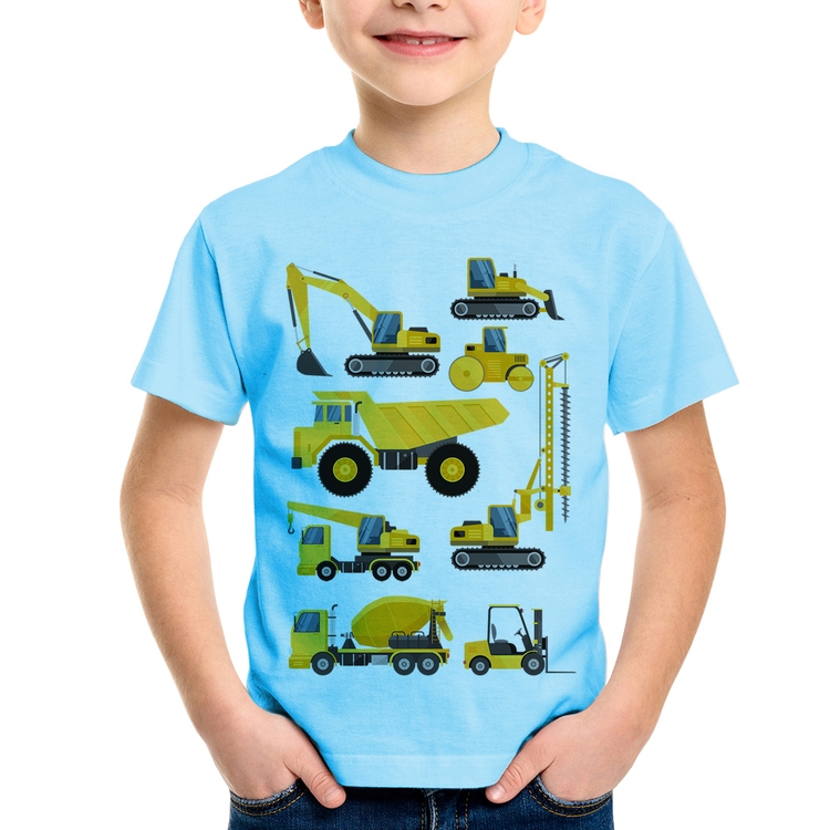 Camiseta Infantil Veículos de construção - Azul Bebê