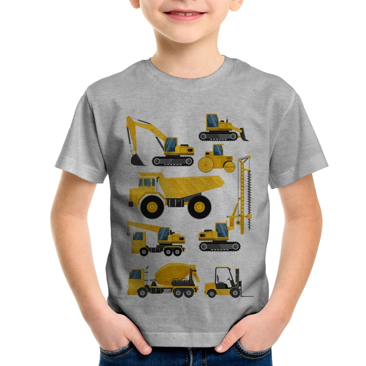 Camiseta Infantil Veículos de construção - Cinza