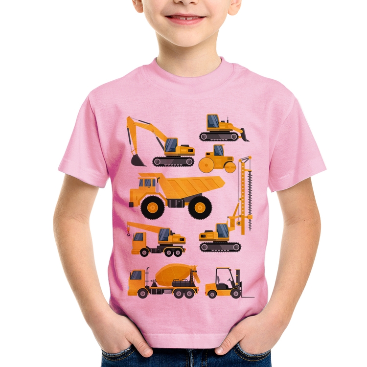 Camiseta Infantil Veículos de construção - Rosa Bebê