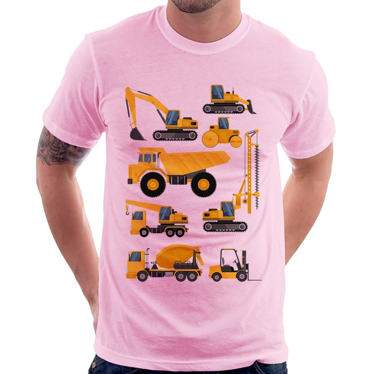 Camiseta Veículos de construção - Rosa Bebê