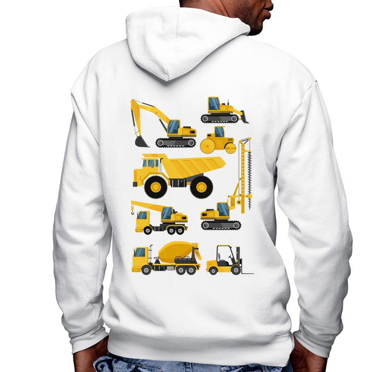 Blusa Moletom Veículos de construção Masculina com Capuz e Zíper - Branca