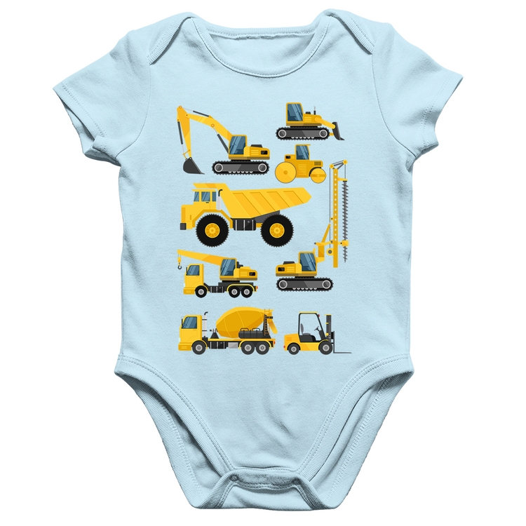 Body Bebê Algodão Veículos de construção - Azul Bebê
