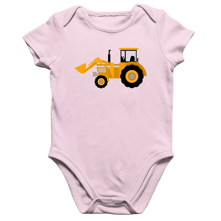 Body Bebê Algodão Trator Pá Carregadeira Amarelo - Rosa Bebê