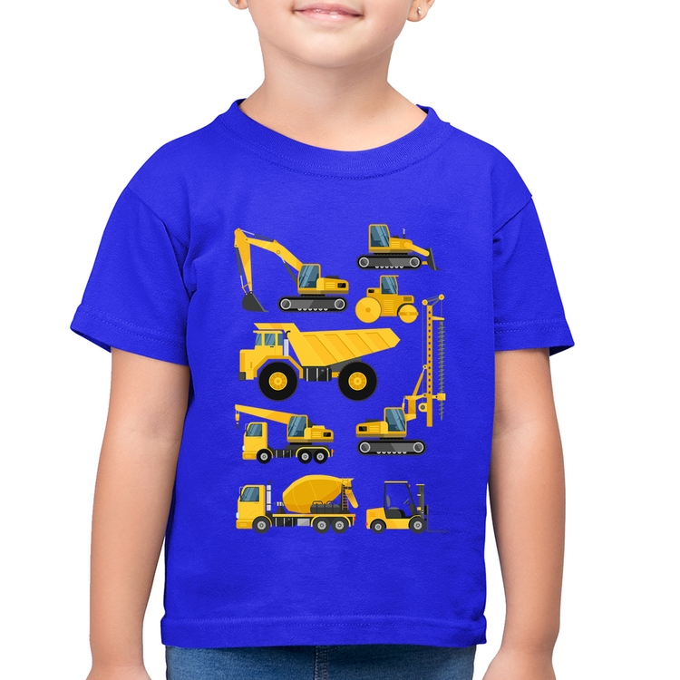 Camiseta Algodão Infantil Veículos de construção - Azul Royal