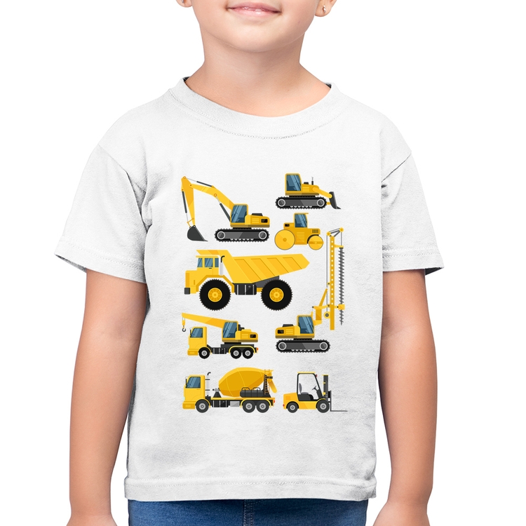 Camiseta Algodão Infantil Veículos de construção - Branca