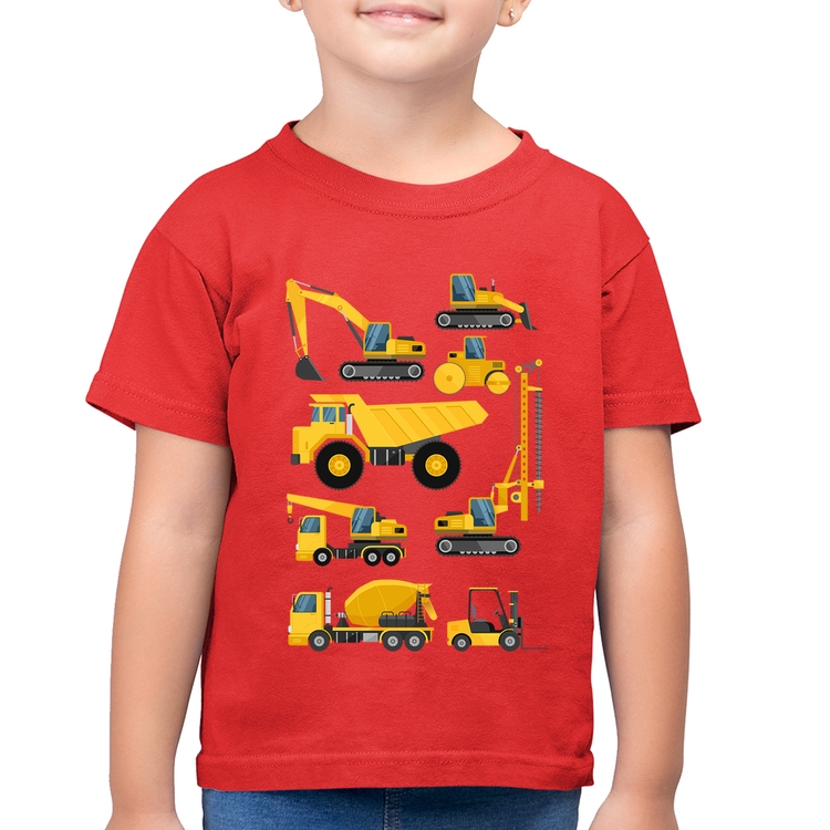 Camiseta Algodão Infantil Veículos de construção - Vermelha