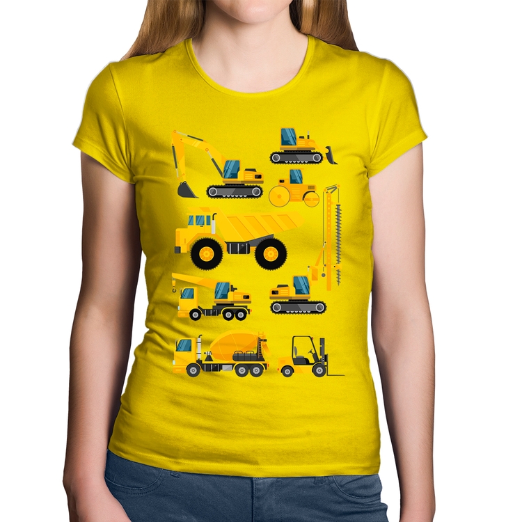 Baby Look Algodão Veículos de construção - Amarela