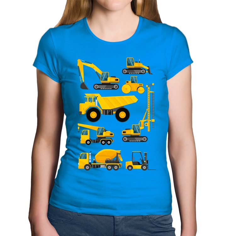 Baby Look Algodão Veículos de construção - Azul